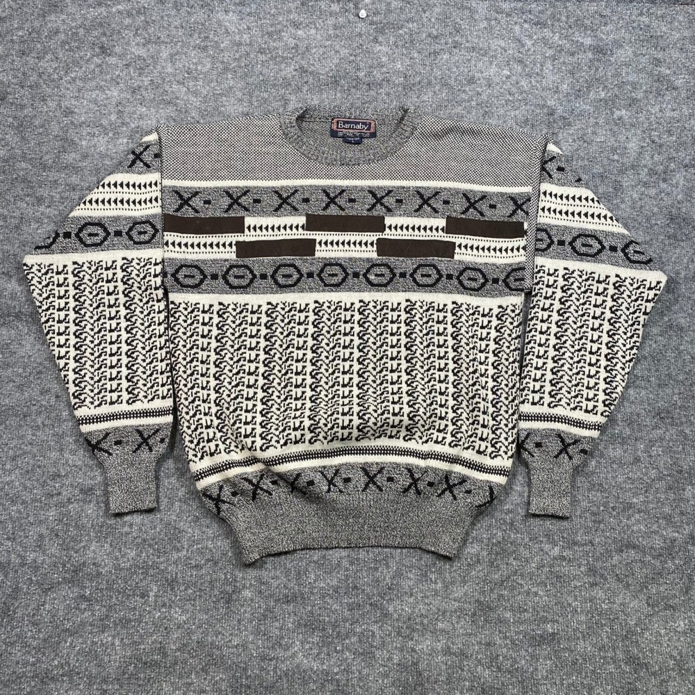 Barnaby Mens Vintage Style Geometric Intarsia Knit Crewneck Sweater Grey‎ Large